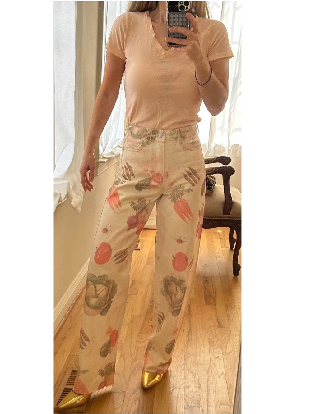 Zara Barrel Leg Multicolor Vegetable Print Jeans NWOT Size 2